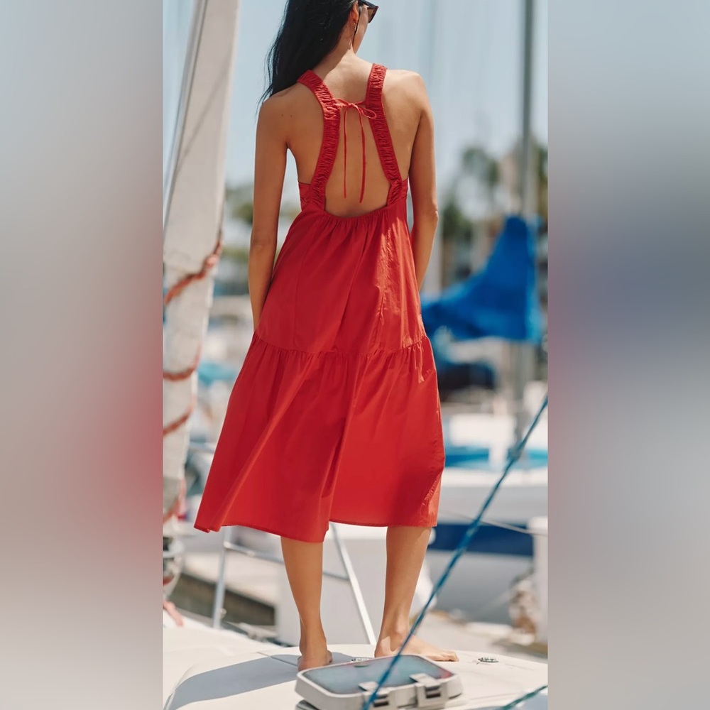 Anthropologie Celandine Sleeveless Smocked Open-Back Midi Dress NWT Red Cotton M